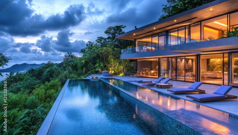 Fototapeta premium Modern Luxury Villa with Infinity Pool and Scenic Views Surrounded by Lush Greenery at Dusk in a Serene Tropical Paradise