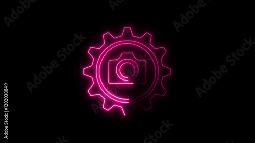 Glowing setting camera icon animation on black background in 4K photo