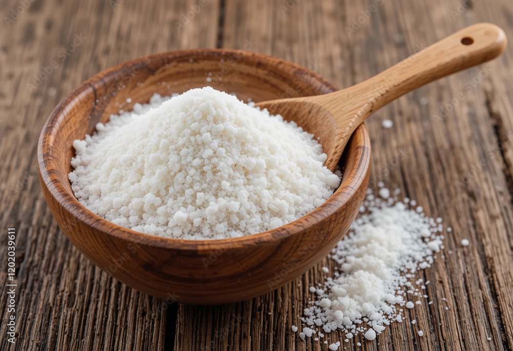 Tapioca Flour in Wooden Bowl: A Close-Up Shot Tapioca Flour in Wooden Bowl: A Close-Up Shot