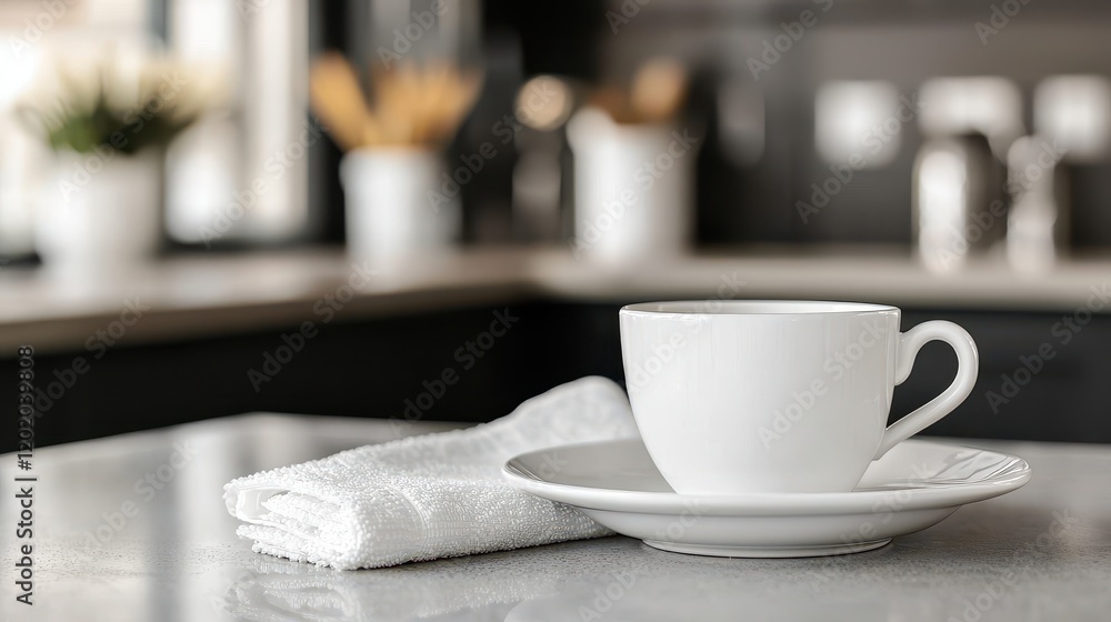 White Coffee Cup on Saucer with Napkin in Modern Kitchen Setting with Natural Light White Coffee Cup on Saucer with Napkin in Modern Kitchen Setting with Natural Light