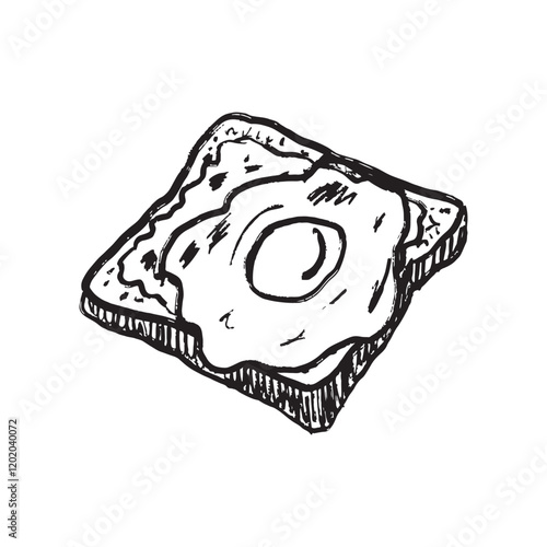 Avocado toast with friend egg and avocado pesto paste. Hand drawn vector illustration in sketch grunge vintage style. Black brush stroke food art. Lunch, breakfast meal design, print