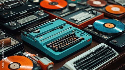 A vintage-themed garage sale featuring retro items like vinyl records, typewriters, and old cameras, drawing nostalgic buyers photo