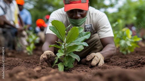 Focused Hands Planting a Sapling: A Serene Reforestation Scene photo