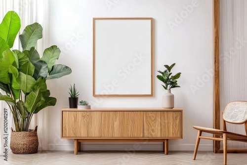 Modern interior living room featuring blank frames for artwork display. 