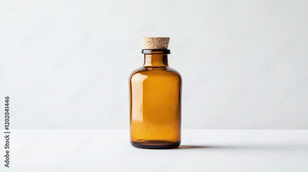 Minimalistic image of a brown glass bottle with a cork stopper on a white background. Minimalistic image of a brown glass bottle with a cork stopper on a white background.