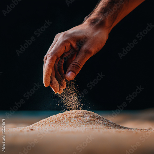 Hand streut feinen, braunen Staub auf eine kleine Hügelstruktur

 photo