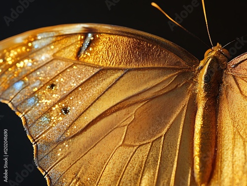 Golden butterfly wing macro, dark background, nature photography, design element photo