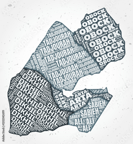 Djibouti regions word clouds. Country shape on textured background. Djibouti design in typographic style. Beautiful vector illustration.