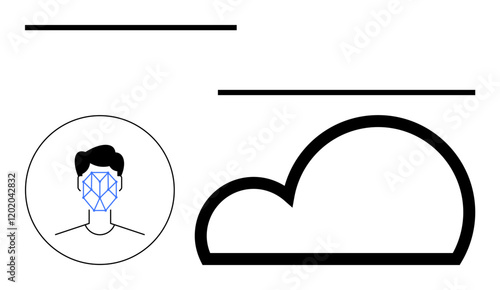 Human face with facial recognition grid connected to a cloud icon. Ideal for AI, biometrics, cybersecurity, cloud storage, identity verification, digital trends, abstract line flat metaphor