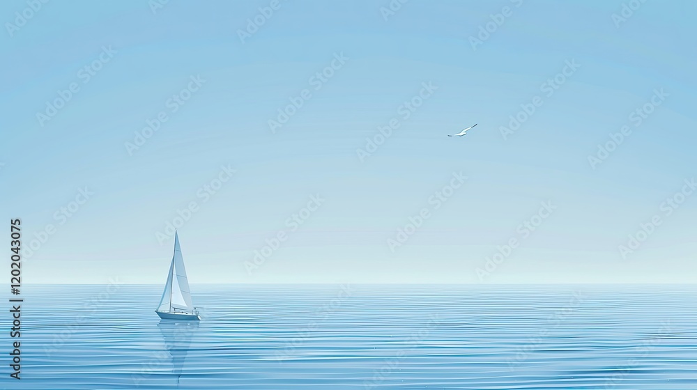 Obraz premium The ocean is calm and still, with a lone sailboat floating gracefully on the horizon, framed by a clear blue sky above.