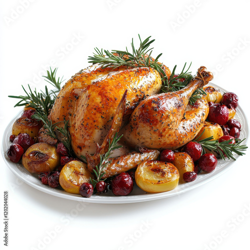 Succulent roasted turkey garnished with herbs and fruits on platter photo