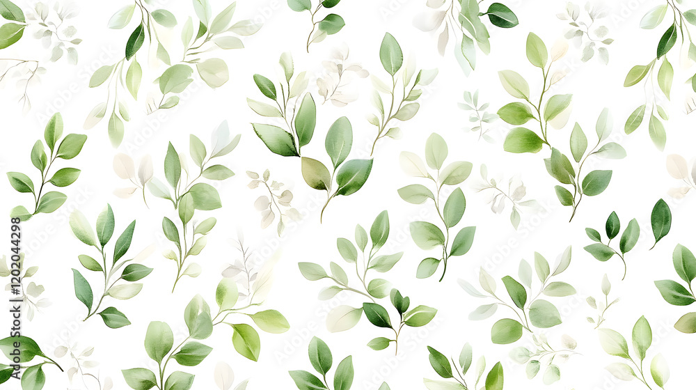 Lush greenery design featuring watercolor leaves in various shades of green, creating serene and natural atmosphere Lush greenery design featuring watercolor leaves in various shades of green, creating serene and natural atmosphere
