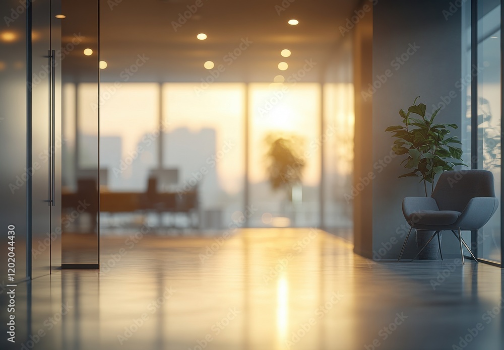 Fototapeta premium Modern office interior with large glass windows showcasing a beautiful sunset, sleek furniture, and a hint of greenery for a tranquil atmosphere