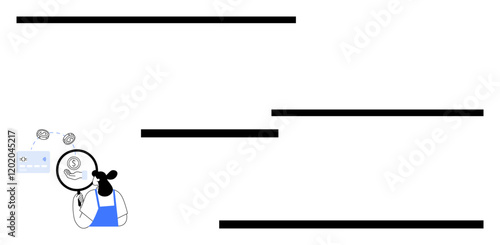 Person in blue apron examining financial data with magnifying glass, dollar sign, graphs. Ideal for financial analysis, budgeting, investment strategies, economic growth, accounting principles