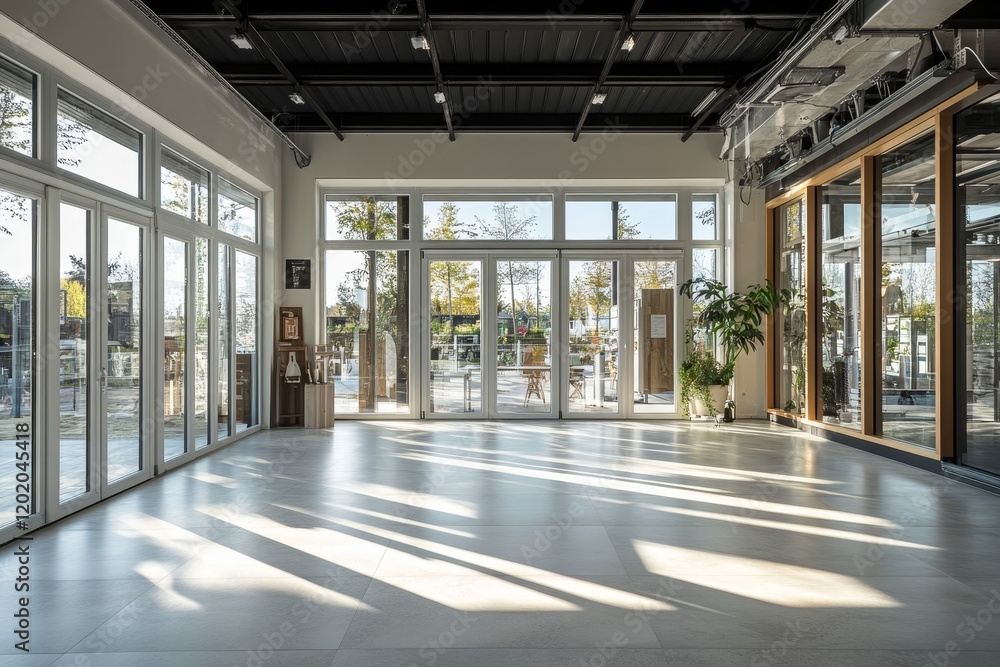 Sunlit Modern Building Interior with Large Windows Sunlit Modern Building Interior with Large Windows