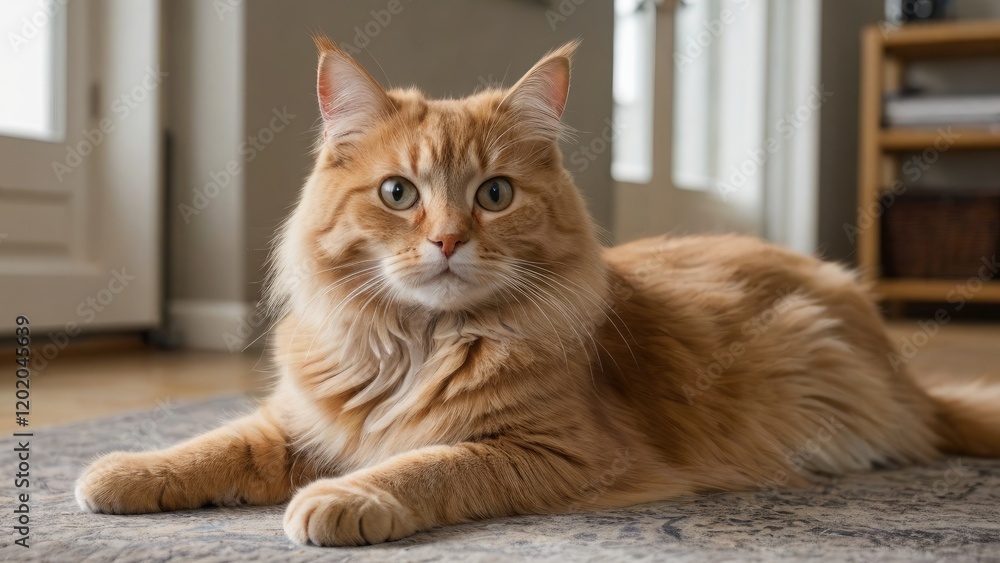 Fawn british longhair cat laying on the floor indoor Fawn british longhair cat laying on the floor indoor