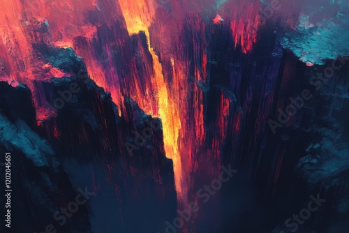 Fiery Lava Flowing Through Deep Volcanic Canyon
