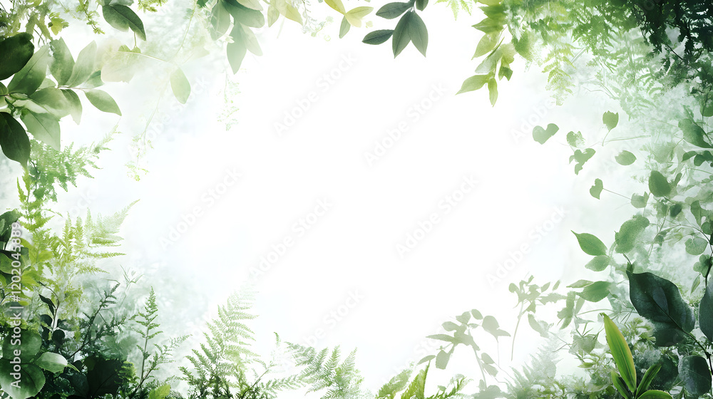 Lush green foliage frames bright, empty space, creating serene atmosphere. This natural setting evokes tranquility and freshness Lush green foliage frames bright, empty space, creating serene atmosphere. This natural setting evokes tranquility and freshness