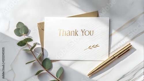 Thank you card on marble surface with pen and eucalyptus sprig, elegant composition, writing background