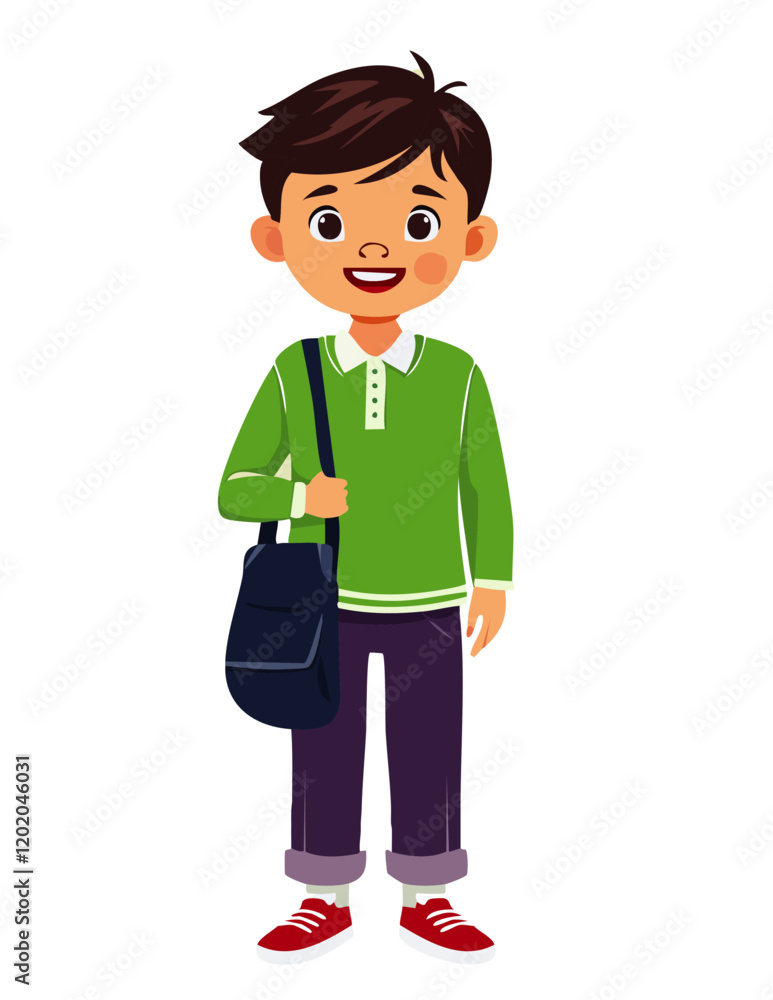 Smiling Boy in Green Shirt with a Crossbody Bag Smiling Boy in Green Shirt with a Crossbody Bag