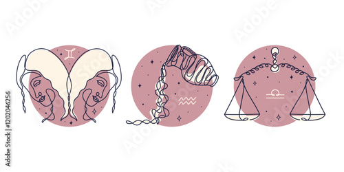 Gemini, aquarius, libra, air element zodiac signs. Horoscope mystical symbols. Line art.