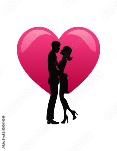 Silhouette Couple Embracing with Heart Background