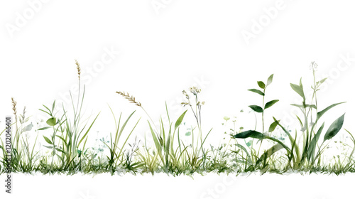 Wallpaper Mural watercolor style grass border featuring various plants and flowers, creating serene and natural atmosphere Torontodigital.ca