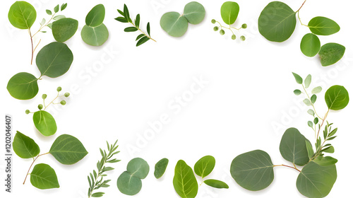 Fresh green leaves arranged in circular frame, creating natural border. Ideal for botanical designs and eco friendly themes