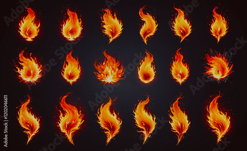 A series of fire-like shapes in various sizes and positions. The shapes are all different, but they all have a similar fiery appearance. Concept of danger and excitement photo