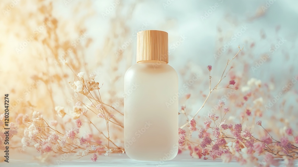 A frosted glass bottle with a bamboo cap, styled with dried flowers and a soft pastel background. A frosted glass bottle with a bamboo cap, styled with dried flowers and a soft pastel background.