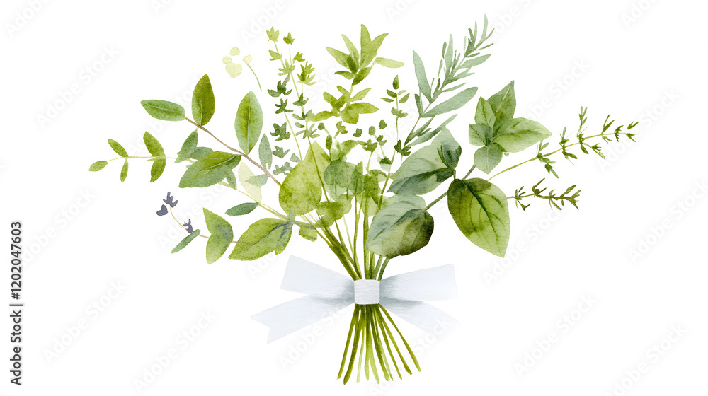 bouquet of watercolor herbs tied with soft ribbon, showcasing various green leaves and delicate details bouquet of watercolor herbs tied with soft ribbon, showcasing various green leaves and delicate details