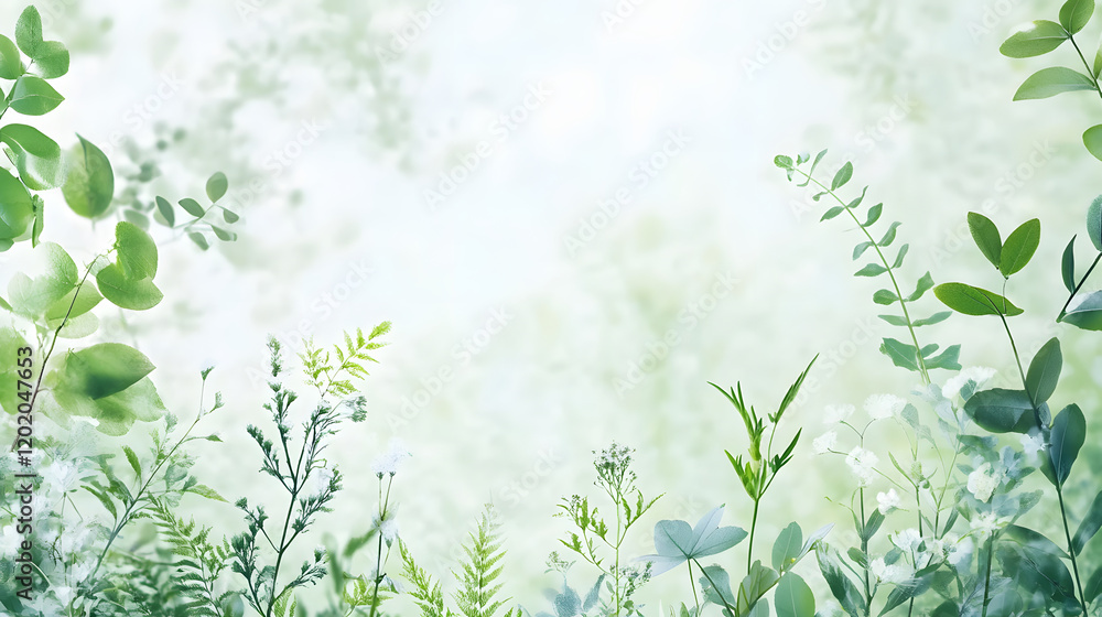 Obraz premium Lush greenery and delicate flowers create serene botanical composition, evoking tranquility and natural beauty