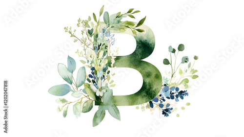Fototapeta Naklejka Na Ścianę i Meble -  Boho inspired watercolor letter B with cascading greenery and flowers
