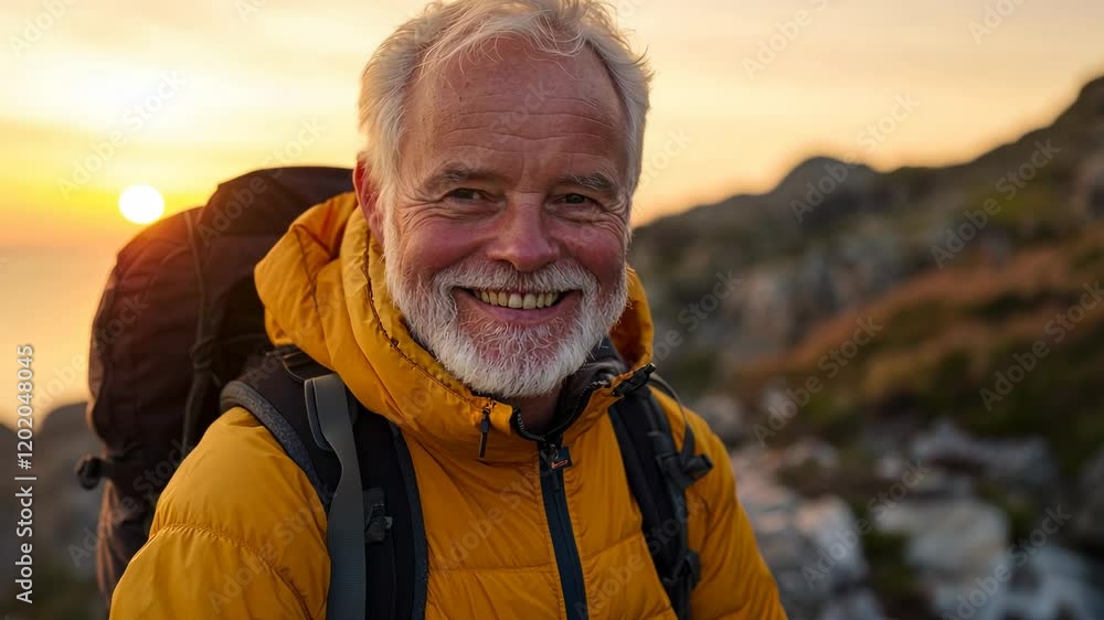Close-up portrait of a happy senior man with a backpack at the top of a mountain during sunset. This concept photo is suitable for hiking and trekking activities, Close-up portrait of a happy senior man with a backpack at the top of a mountain during sunset. This concept photo is suitable for hiking and trekking activities,