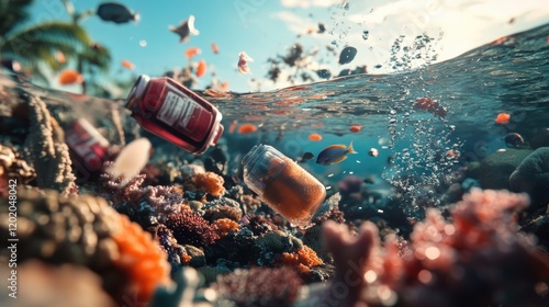 Bottle floating in the ocean surrounded by colorful coral reefs and clear blue water photo