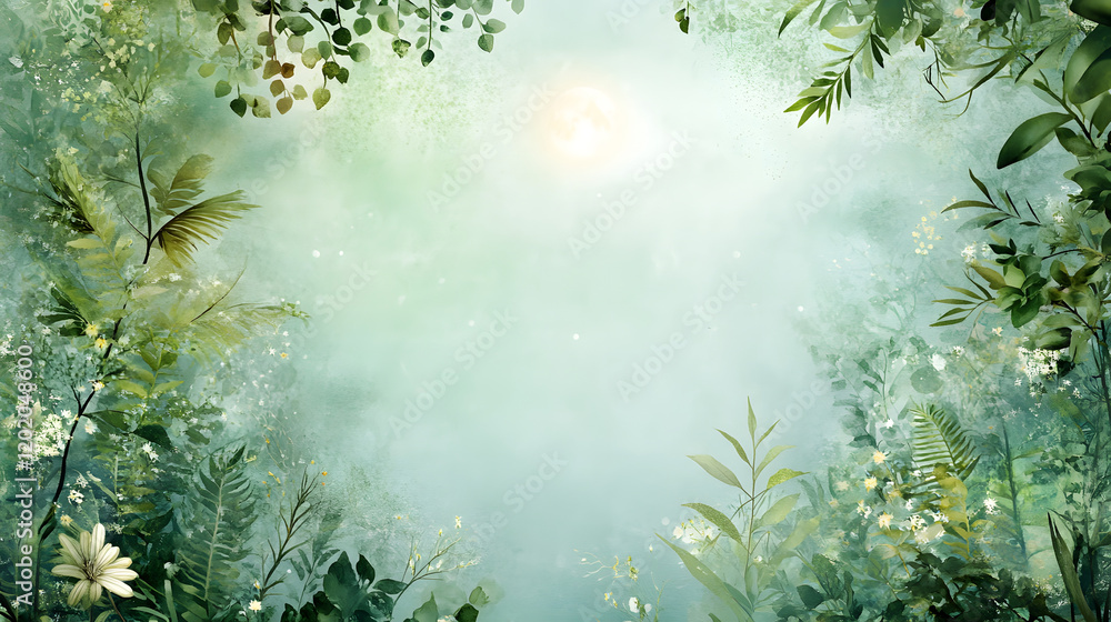 Obraz premium serene watercolor forest scene with lush greenery and soft light
