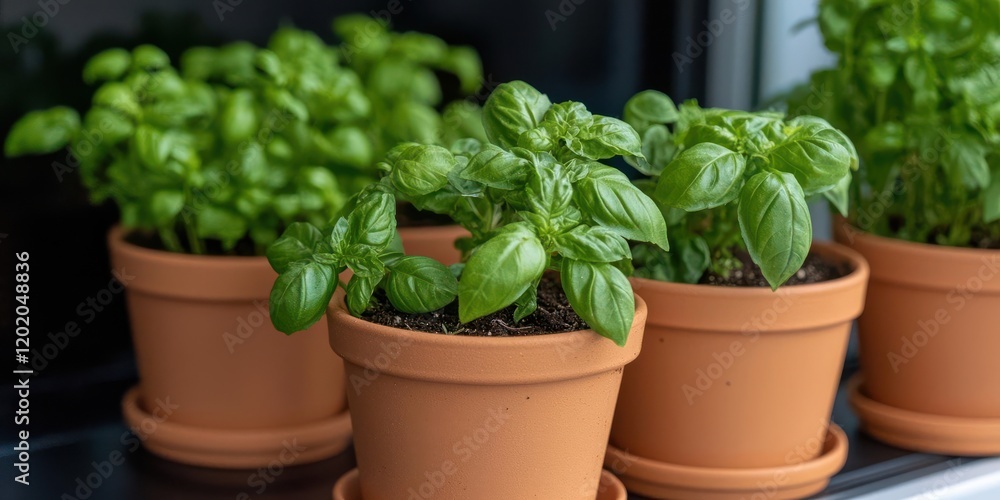 A vibrant kitchen windowsill garden with small pots of basil, parsley, and cilantro, adding flavor and savings A vibrant kitchen windowsill garden with small pots of basil, parsley, and cilantro, adding flavor and savings