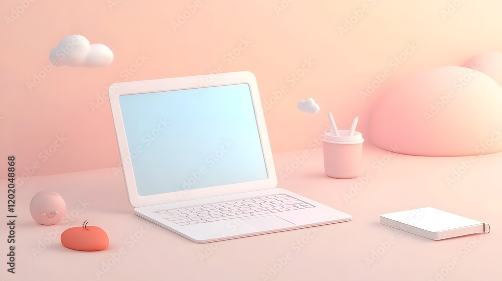 Minimalist Workspace with Laptop and Planner on Soft Background Minimalist Workspace with Laptop and Planner on Soft Background