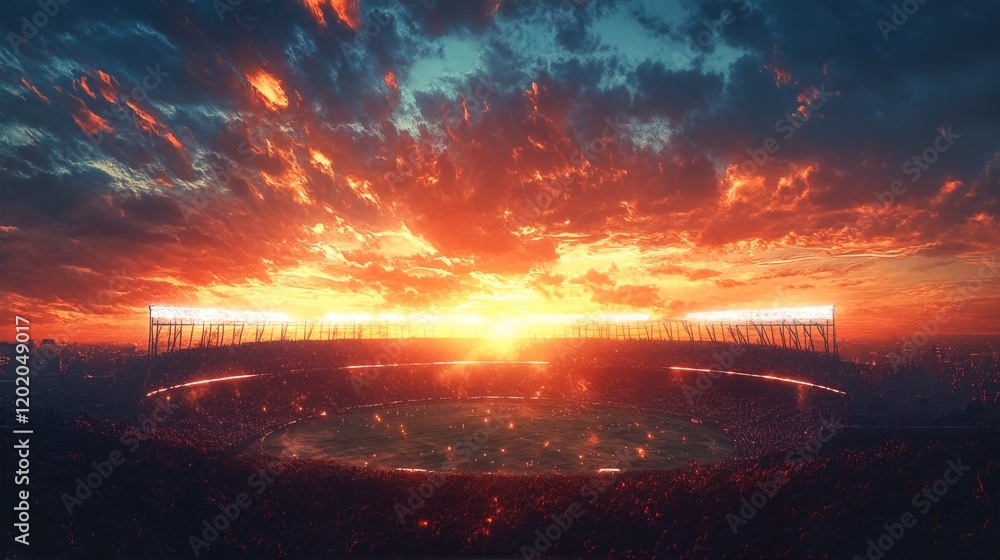 Sunset at the Stadium: A Vibrant Orange Sky Illuminates the Grandstands and Field. Sunset at the Stadium: A Vibrant Orange Sky Illuminates the Grandstands and Field.