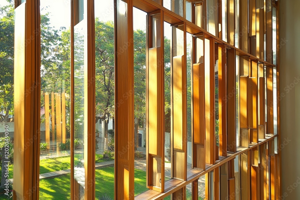 Obraz premium Sunlit Wooden Window Frames Architectural Detail