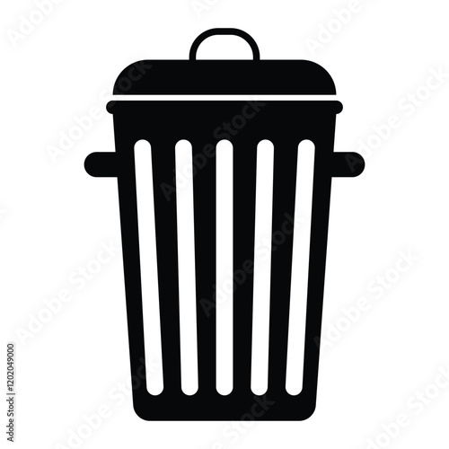 Trash can vector icon. Metal bin with lid and handles, ideal for waste management or recycling themes. Black silhouette isolated on white background.