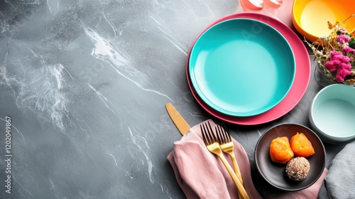 Table set with plates bowls and a fork ready for a meal or dining experience photo