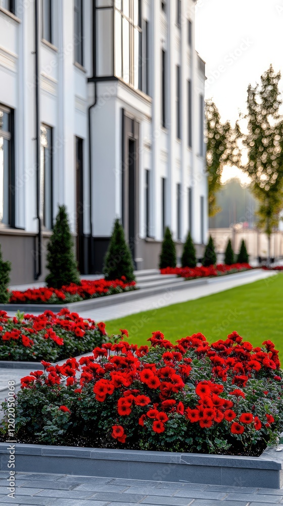 Obraz premium Bright red geraniums bloom in flowerpots amidst a well-kept lawn and shrubs, highlighting a beautiful garden design