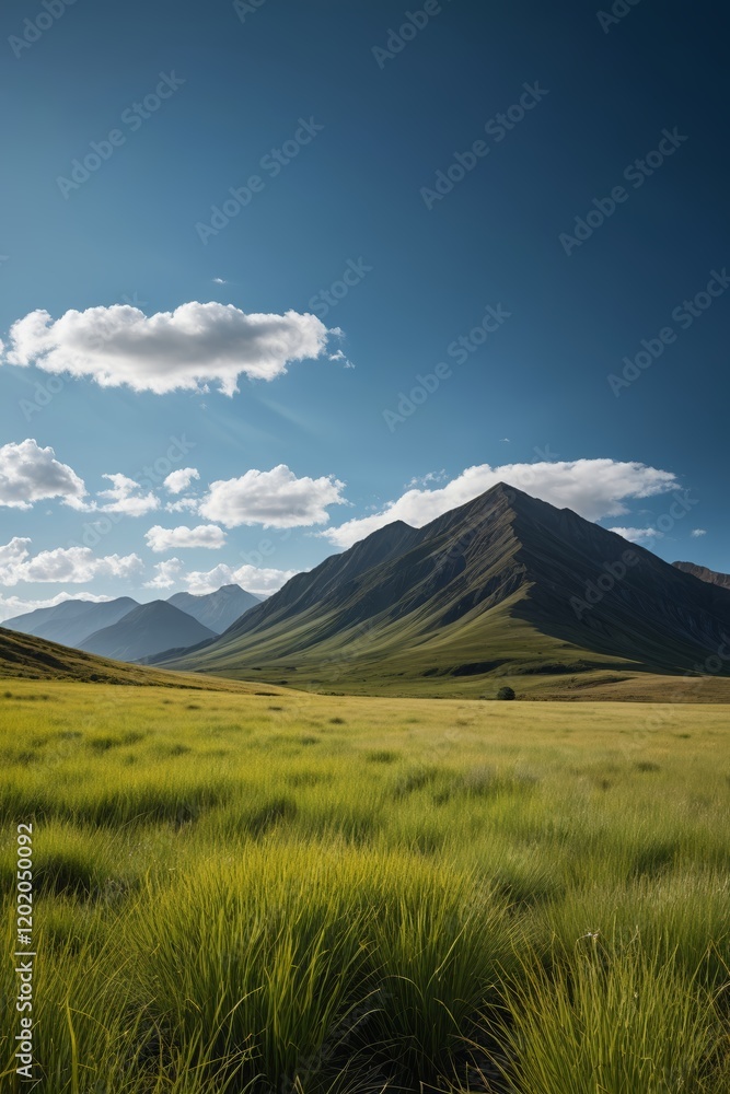 Obraz premium grassy field with mountains in the background and a blue sky