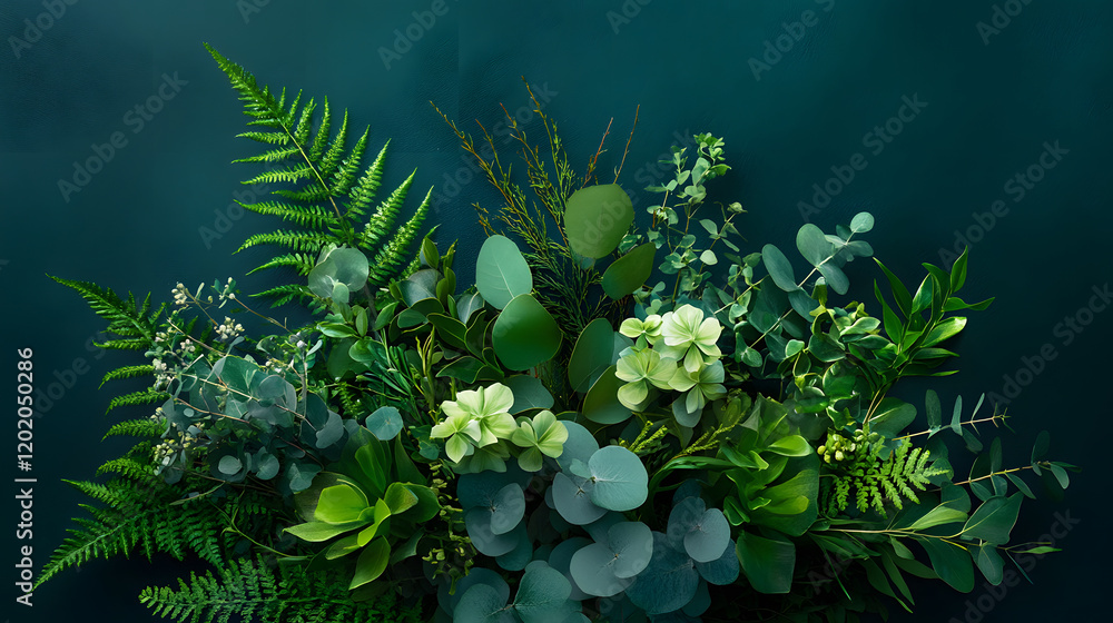 Naklejka premium vibrant greenery bouquet featuring eucalyptus, ivy, and ferns creates refreshing atmosphere