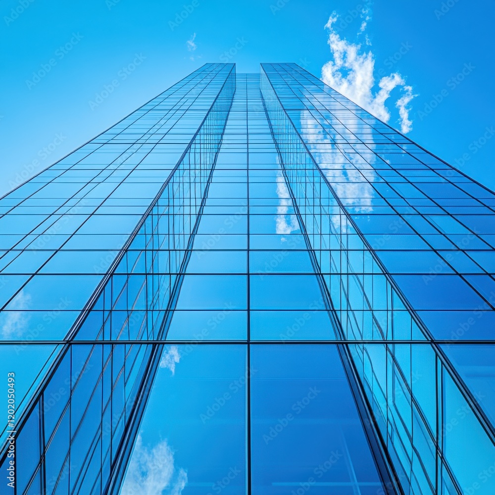 Obraz premium Modern Skyscraper Reaching Towards Blue Sky with Reflections of Clouds and Glass Facade Showcasing Urban Architecture and Contemporary Design Elements