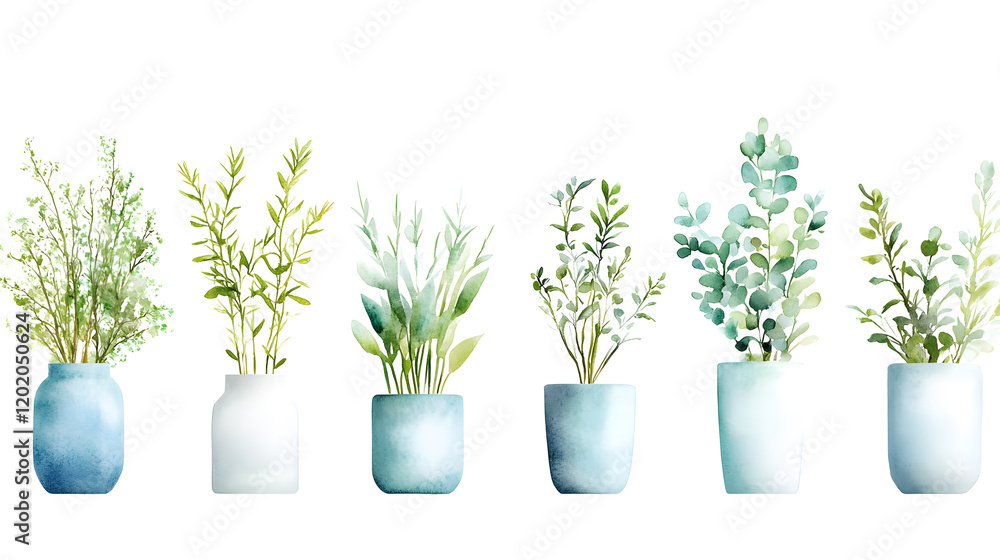 Watercolor topiaries in soft gradient pots, showcasing various green plants. Perfect for home decor and botanical themes Watercolor topiaries in soft gradient pots, showcasing various green plants. Perfect for home decor and botanical themes