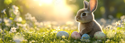 eastern bunny sitting in a green grass field on a sunny, bright morning next to colorful easter eggs. Photo is wide format, perfect for banners and marketing campaigns with copy space photo