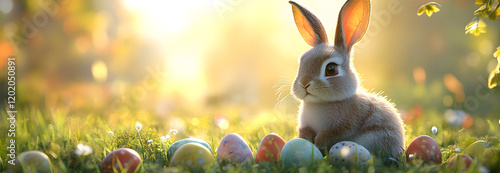 Beige color Eastern bunny sitting in a green grass field on a sunny, bright morning next to colorful easter eggs. Photo is wide format, perfect for banners and marketing campaigns photo