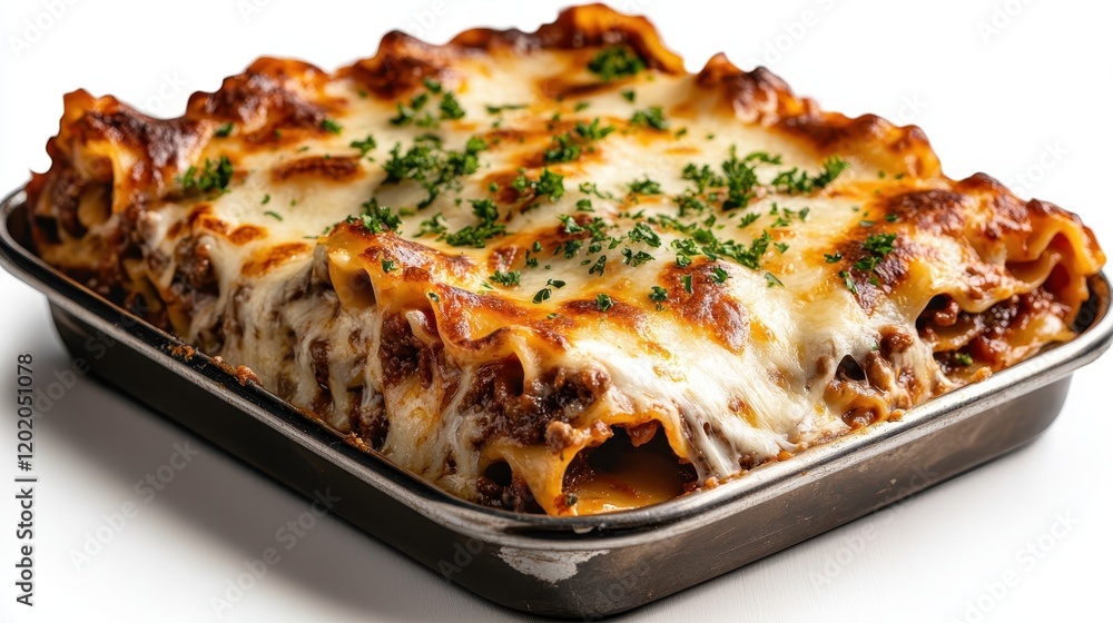 An appetizing meat lasagna is presented in a metal dish, showcasing layers of pasta, rich meat sauce, and gooey cheese that is perfectly melted and bubbly.